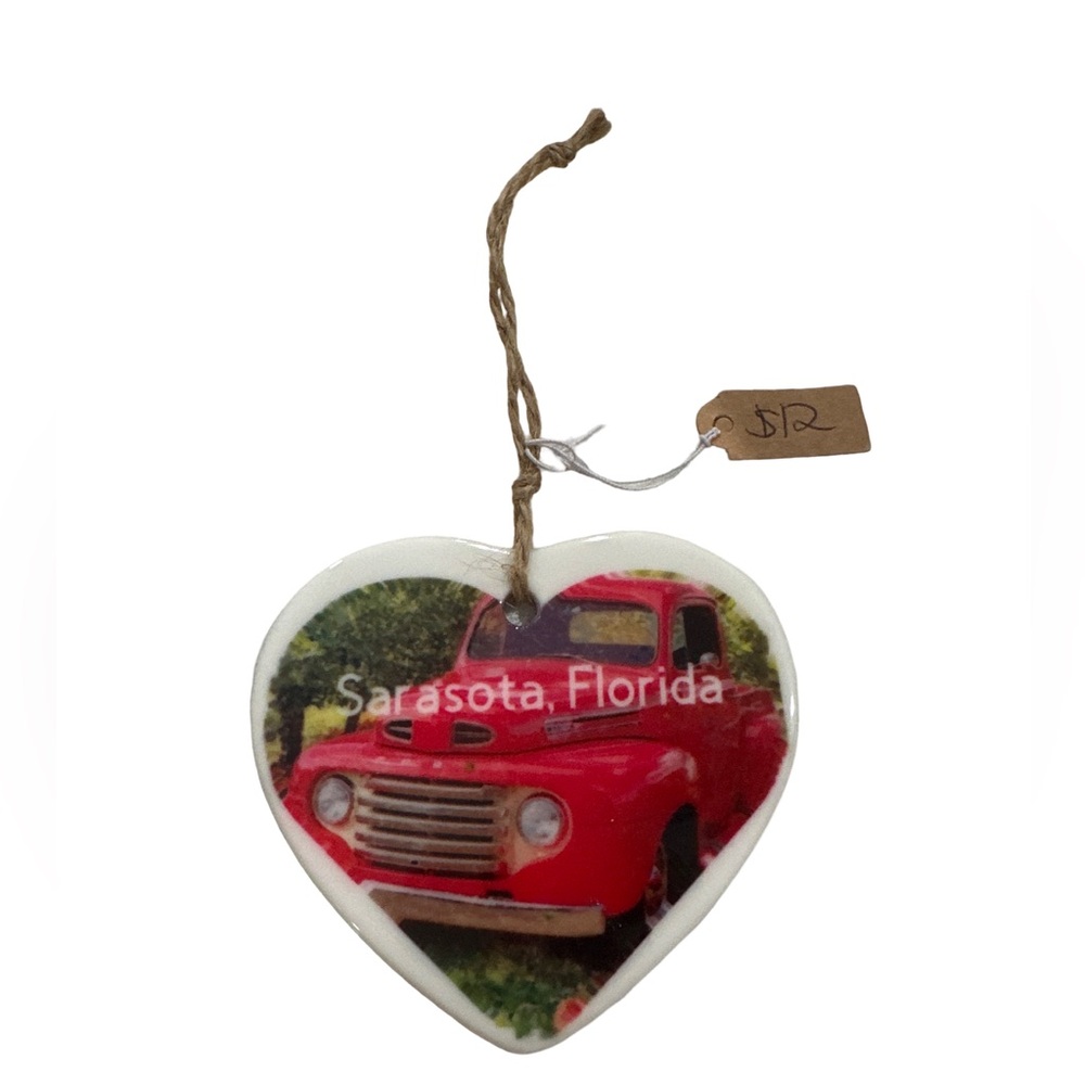 Heart Ceramic Sarasota Florida Vintage Red Truck Ornament